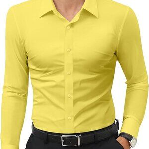 Men's Yellow Long Sleeve Slim Muscle Fit Wrinkle Free Button Down Dress Shirts
